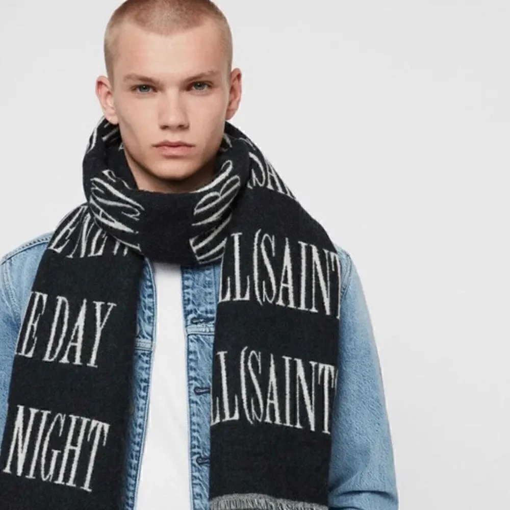All Saints Varsity Wool Blend Woven Scarf Black